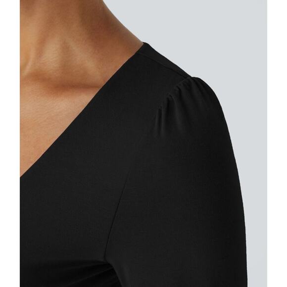 Halara Black V-Neck Long Sleeve Puff Sleeve Work Bodysuit Size Medium NEW - Picture 5 of 11